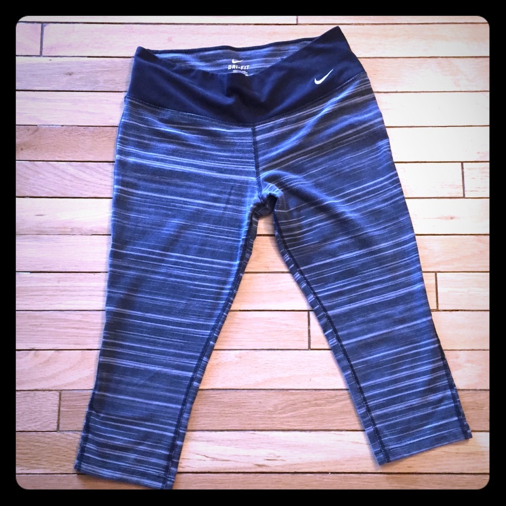 Nike-Dri Fit Black & Gray Striped Athletic Capris